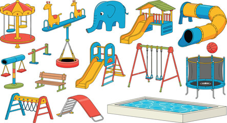 Colorful playground equipment icons, kids outdoor play set, slides swings carousel trampoline pool, amusement park elements, vector illustration, isolated, white © MdShafe