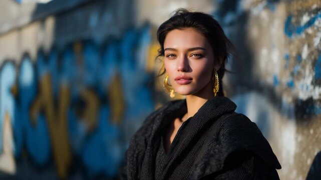 259Portrait of a woman standing in front of graffiti-covered city wall, textured colors in the background, dramatic sunlight casting shadows, confident street-style pose, cinematic ur