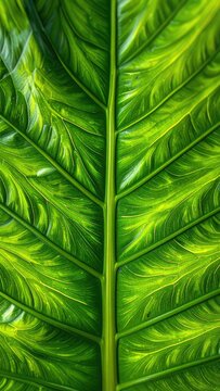 Macro photograph revealing the intricate veining pattern on a vibrant green tropical leaf.