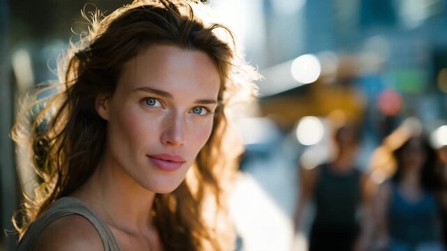 267Woman portrait on a bustling city street, focus on face and upper body, soft sunlight reflecting off buildings, natural pose, blurred urban activity in background, high-detail cine