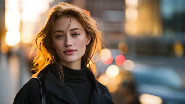 270Woman portrait on a bustling city street, focus on face and upper body, soft sunlight reflecting off buildings, natural pose, blurred urban activity in background, high-detail cine