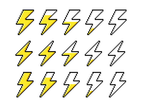 Lightning bolt, pixel game energy bar with different fill levels. 8bit zap spark with flash for strike shock or volt charge game. Surge bar and jag zigzag with sharp glow for tech clip vector set.