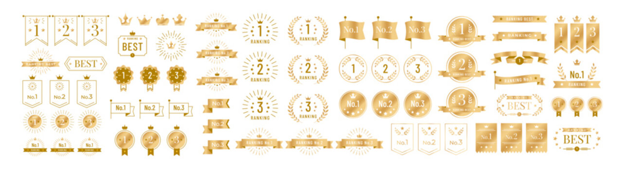 Ranking award badge. Gold winner medal prize icon with ribbon. Crown decoration rank golden banner, best champion shiny emblem. Victory vintage 1st place crest, premium sticker frame. Vector set.