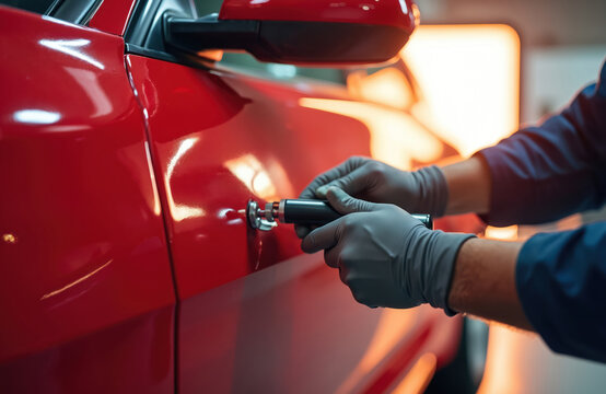 Car repair technician uses special tool to remove dent without painting on red automobile body panel. Mechanic works with precision equipment in garage for auto bodywork.