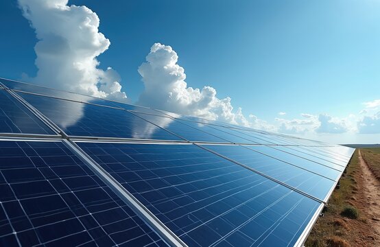 Expansive solar farm under bright blue sky with fluffy clouds. Rows of photovoltaic panels reflect sunlight on dry earth ground. Clean energy production in rural landscape.