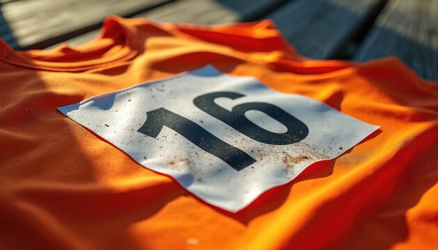 Orange sports jersey with bib number 16. Close-up shows dirt specks on fabric. Evokes dedication and effort in athletic competition or training.