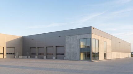 Modern industrial warehouse exterior with loading docks