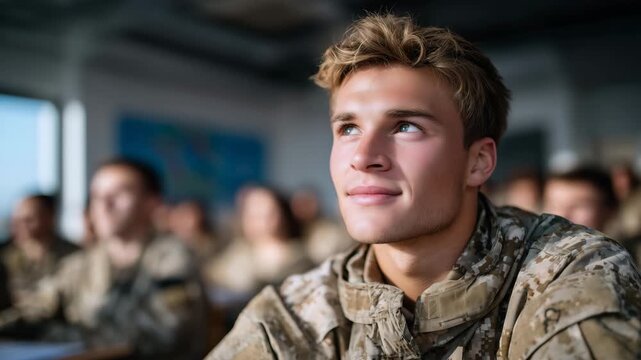 302Close-up of young man in camouflage uniform focused on classroom lecture, other recruits and educational posters blurred in background, soft sunlight illuminating the scene, army r