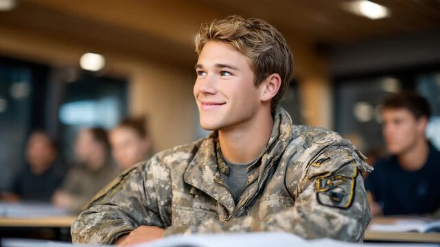 305Young man in camouflage uniform listening intently in modern army classroom, notebooks and tactical manuals visible on desk, peers in soft focus, concept of military recruitment an