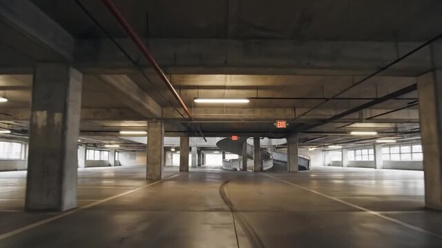 Spacious empty underground public parking garage with concrete columns industrial architecture and bright artificial lighting in a modern urban building basement car lot facility.