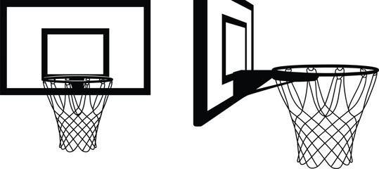 PrintVector collection of basketball hoop silhouettes featuring backboards and nets isolated on a white background for sports design, © Mahabur