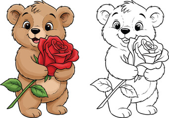 Adorable Happy Cartoon Bear Cub Holding a Large Red Rose © Snehashish Pritom