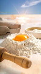 Sunny baking scene with flour, egg yolk, rolling pin, egg carton, and blue sky background, warm light