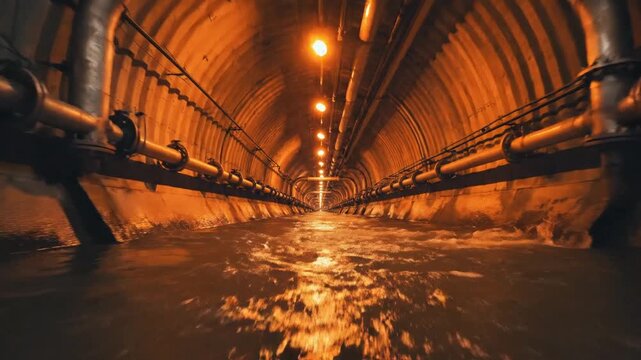 Deep perspective of an industrial sewer tunnel with flowing waste water and vibrant orange light reflection on the liquid surface creating a dark underground drainage system atmosphere