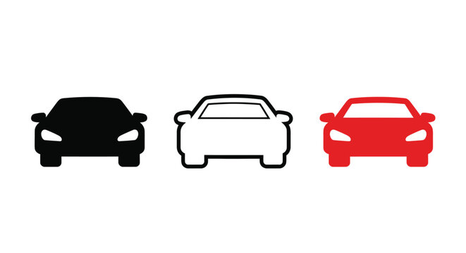 Three stylized car silhouettes in black white and red colors
