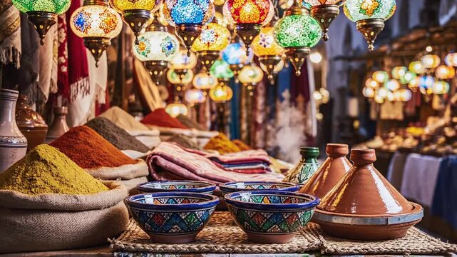 Colorful Moroccan lamps, spices, and textiles in a vibrant market
