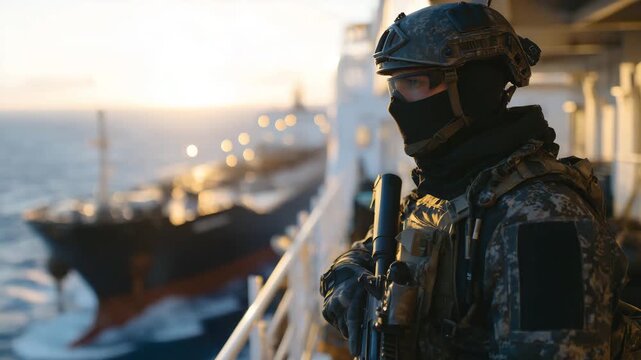 Armed maritime security soldier on the deck of an oil tanker during a clear sunny day, warm light illuminating helmet and equipment, oil tanker structures framing the scene, calm b