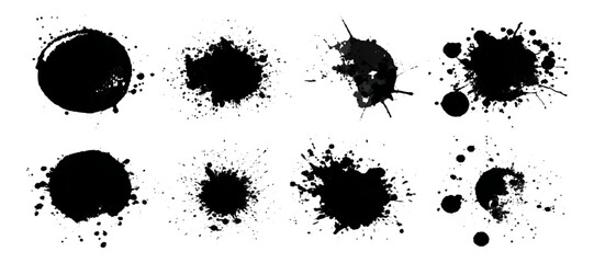 Fototapeta premium Black grungy paintbrush strokes collection with distressed splashes stains scratch. vector decorative banner template graphic background design set.