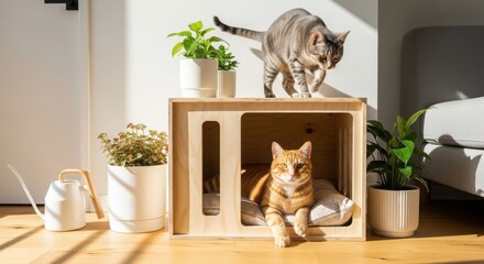 Two domestic cats, one tabby and one ginger, interacting with a modern wooden cat house and green potted plants in a sunlit home interior.