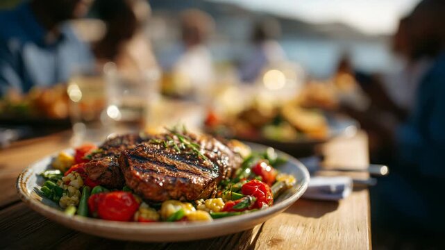 Balcony barbecue celebration with family enjoying homemade grilled food, diverse menu displayed on rustic tableware, sunlight highlighting textures of food and skin tones, cozy sum