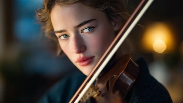 Close-up of a woman&rsquo;s expressive face as she plays violin indoors, violin and bow in sharp focus, background softly blurred, warm cinematic lighting, emotional and elegant mood