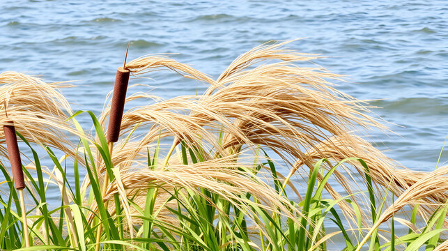 Strong wind on the seaside marches (lowlands maritime marsh). Cattail waves like a thick head hair. Narrow-leaved catoptric (Typha angustifolia)