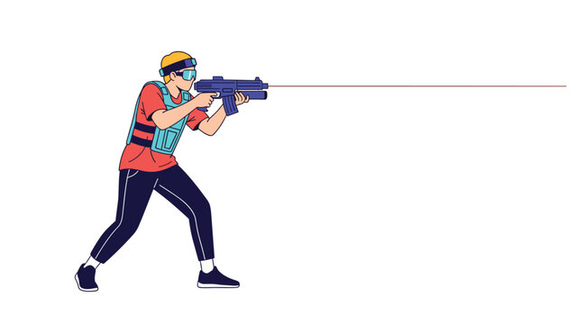Person wearing tactical gear and protective glasses aiming a blue laser tag gun during a competitive game session with friends.