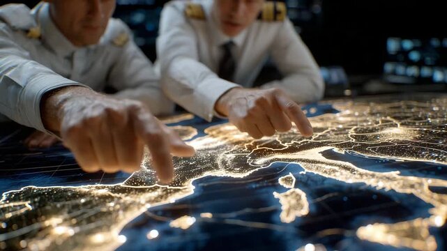 Close-up of analysts reviewing a digital maritime map filled with glowing routes, port symbols, and vessel data, hands gesturing toward key logistics corridors, global shipping opt