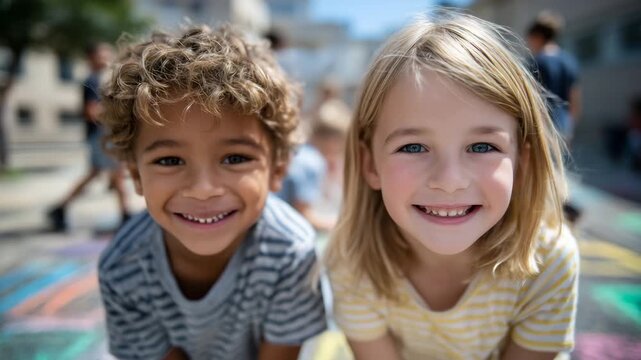 Close-up of joyful multiethnic children playing hopscotch, colorful chalk on pavement, sunlight reflecting on their faces, cinematic focus on happiness and playful camaraderie