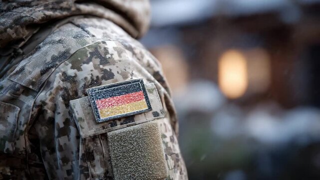 Close-up of German soldier&rsquo;s upper body, face obscured, flag patch sharply in focus, uniform folds and textures detailed, ambient cinematic lighting, soft blurred background