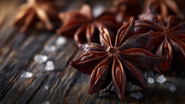 Close-up of mace spice on dark rustic wood, intricate details of the arils and seed cores sharply visible, warm ambient light creating natural highlights and shadows, high-detail f