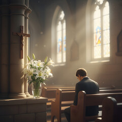 Man in a suit praying in a sunlit church