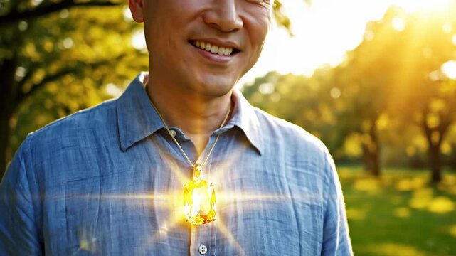 Man Wearing a Glowing Citrine Pendant on a Sunny Day
