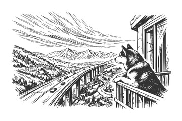 Detailed Hand Drawn Vector Illustration of a Husky Dog Looking Out from a Balcony at a Mountain Highway and Forest Landscape © Chairul