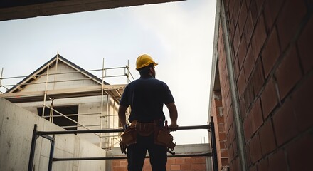 Fototapeta premium Construction worker in yellow hard hat standing on scaffolding at building site with brick wall and scaffolding