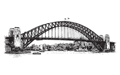 Obraz premium Sydney Harbour Bridge spanning the water with the city skyline in the background. Hand-drawn engraving style.