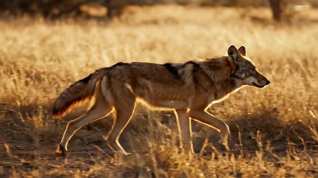 Maned Wolf Trotting Through Tall Grass in Golden Light