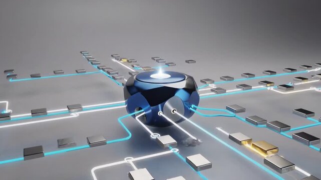 A futuristic spherical network node links glowing data streams across a metallic grid, representing connectivity, digital infrastructure, data flow, cloud systems and intelligent network technology.
