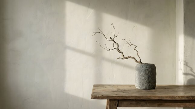 A minimalist interior features a rustic wooden table with a natural stone vase holding dried branches, bathed in warm natural light and shadows against a textured cream wall.
