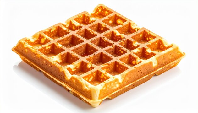 Single golden-brown waffle with 5x5 grid square pockets, freshly made with crisp texture, slight melted butter or syrup around edges, placed on plain white background highlighting color and detail, ap