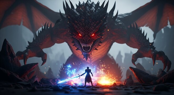 Epic fantasy battle scene with brave warrior facing giant dragon in dark mystical landscape with fiery sparks