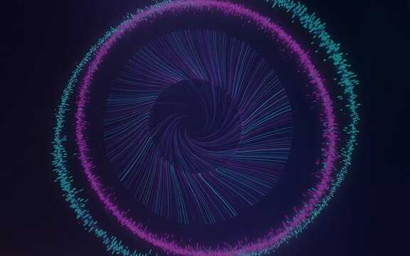 Circular vortex of thin glowing lines in purple and teal with a fragmented ring of pink and blue dots orbiting the center against a dark background, 154 characters