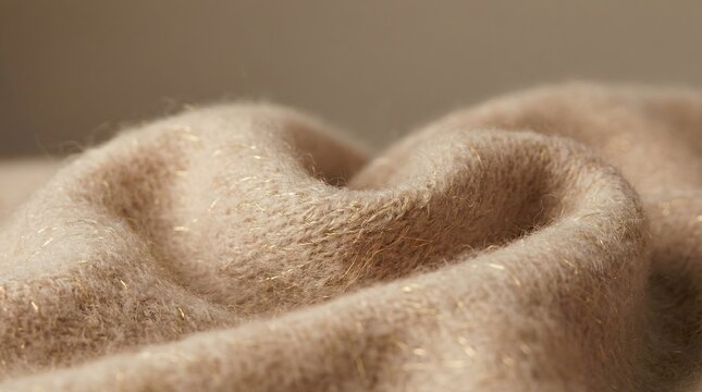 A close-up view reveals the soft, fuzzy texture of a beige fabric with delicate gold shimmer and gentle folds.