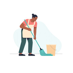 Flat vector illustration of a male cleaner mopping the floor with bucket and mop. Stylized character representing cleaning service, housekeeping, and professional cleaning work.