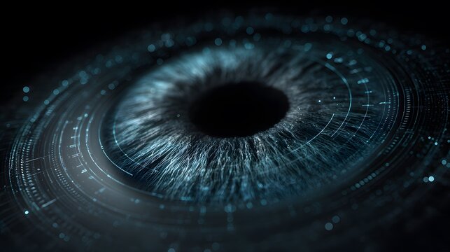 A holographic iris recognition display with circular scanning patterns positioned above a wide clean negative space
