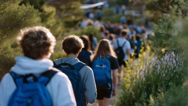 Diverse high school students from behind, backpacks visible, walking along a tree-lined path to school, soft morning sunlight filtering through leaves, casual chatter implied, brig