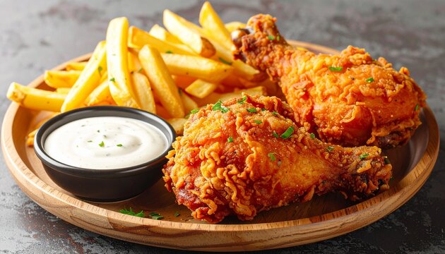   
Crispy fried chicken drumsticks with golden fries and dipping sauce