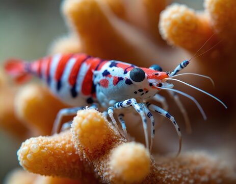 Macro shot of boxer shrimp with red white blue stripes on coral. Small marine animal clings to reef in ocean. Aquatic life closeup underwater.