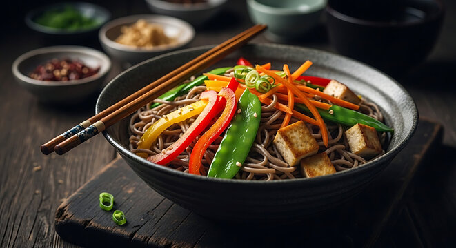 A bowl of Asian noodle dish with vegetables and tofu, served with chopsticks on a wooden table in a rustic setting from a close-up viewpoint