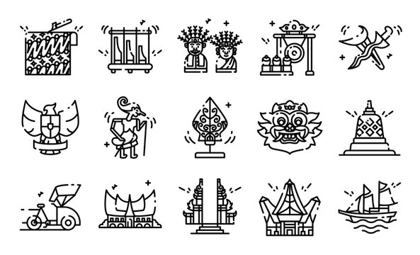 Indonesian Culture Traditional Icon Set Line Art Style